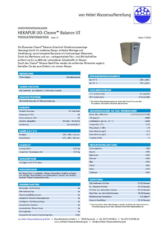 HEKAPUR Bluewater Cleone Balance Untertisch-Umkehrosmoseanlage