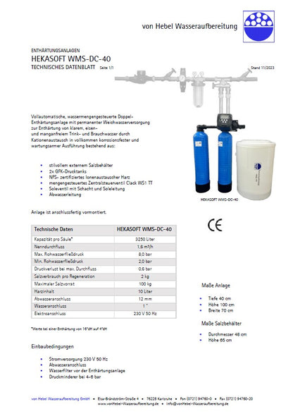 HEKASOFT WMS-DC-40-1" Enthärtungsanlage/Entkalkungsanlage